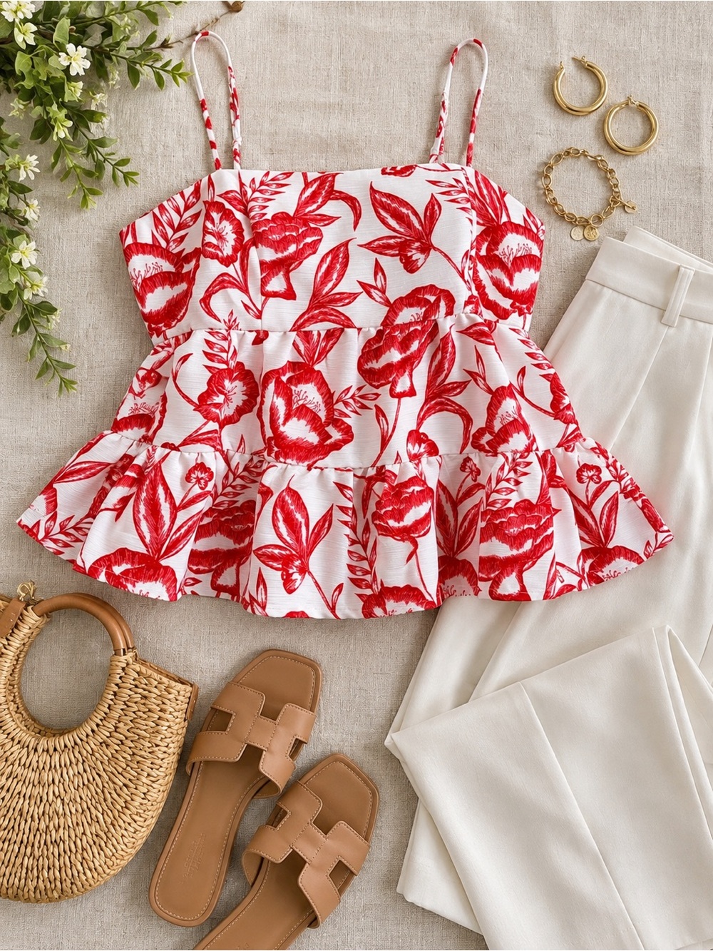 C/MEO Collective Ivory Botanic Red Floral Tiered Peplum Top L NWT